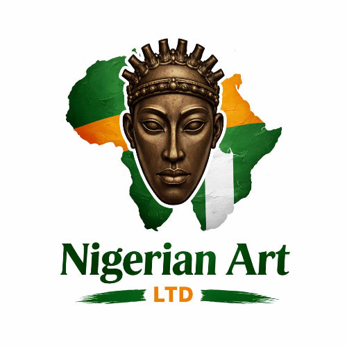 Logo of Nigerian Art LTD with a bronze sculpture and African map outline.